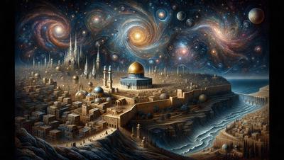 The primary subject of the image is a cityscape with a large, ornate building, possibly a mosque, surrounded by a beautifully detailed landscape. The setting includes a river, a mountain, and a sky filled with stars. The visual style of the image is a combination of digital art and illustration, creating a vibrant and detailed scene. The colors and mood of the image are rich and vivid, with a sense of wonder and awe as the viewer takes in the intricate details of the cityscape